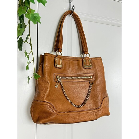 MICHAEL KORS CARAMEL TAN LEATHER SATCHEL HANDBAG. - Picture 3 of 12